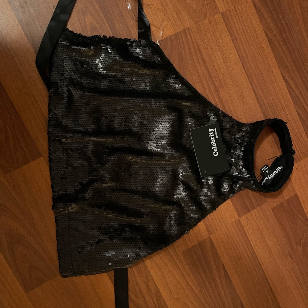 Black Matte sequin open back crop top.